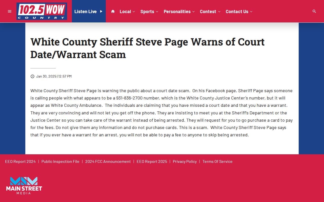 White County warrant guidance about avoiding spoofed court-date payment calls